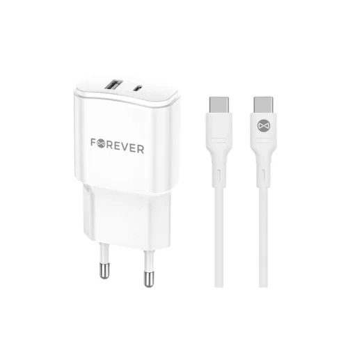 Forever TC-01-20AC 20W PD QC töltő 1× USB-C 1× USB fehér + USB-C–USB-C kábel 20W