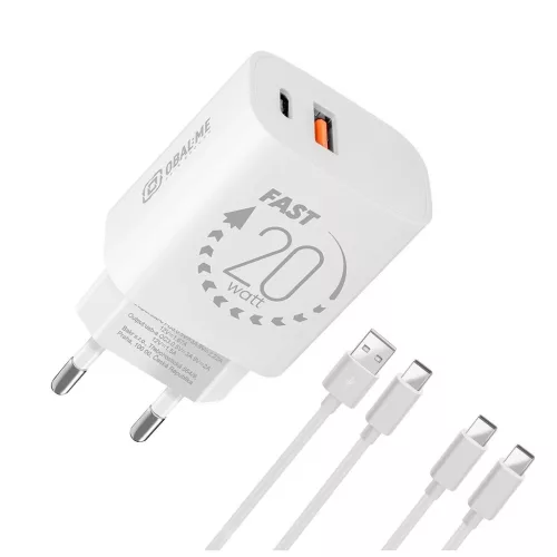 OBAL:ME fali töltő USB-A + USB-C 20W + 2x kábel 1m fehér