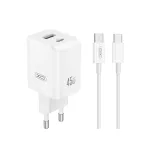 XO CE36 Fehér Hálózati Töltő szett PD45W 1*USB-A / 1*USB-C + USB-C kábellel