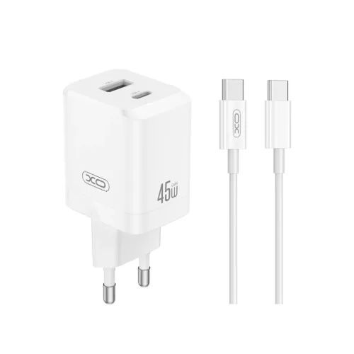XO CE36 Fehér Hálózati Töltő szett PD45W 1*USB-A / 1*USB-C + USB-C kábellel