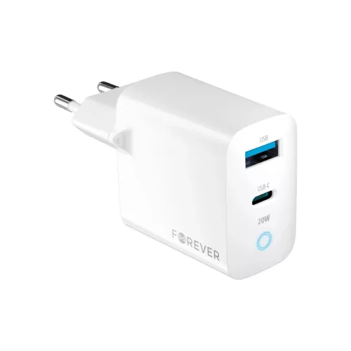 Forever TC-06-20AC PD QC töltő, 1× USB-C, 1× USB, 20W, fehér