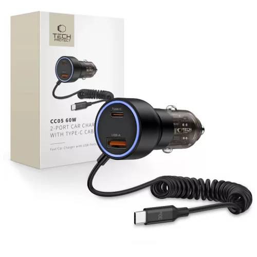 TECH-PROTECT CC05 2-PORT autós töltő PD 60W + kábel fekete