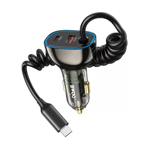 BWOO CC96C 30W PD autós töltő 1x USB-C csatlakozó, 1x USB csatlakozó, USB-C kábellel, szürke