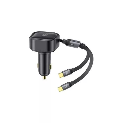 Usams C41 autós töltő (30W, PD gyorstöltő, LED jelzés + csévélhető lapos Type-C kábel) FEKETE (CC220CC01)