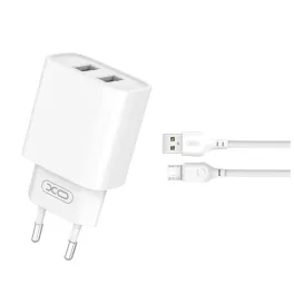 XO falitöltő CE02C, 2x USB 2,1A + microUSB-kábel, fehér