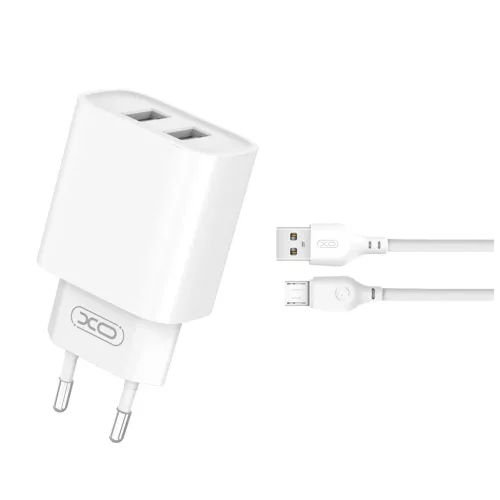 XO falitöltő CE02C, 2x USB 2,1A + microUSB-kábel, fehér
