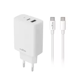   Maxlife MXTC-10-30AC PD QC 30W töltő 1x USB-C, 1x USB + USB-C–USB-C 60W kábel, fehér