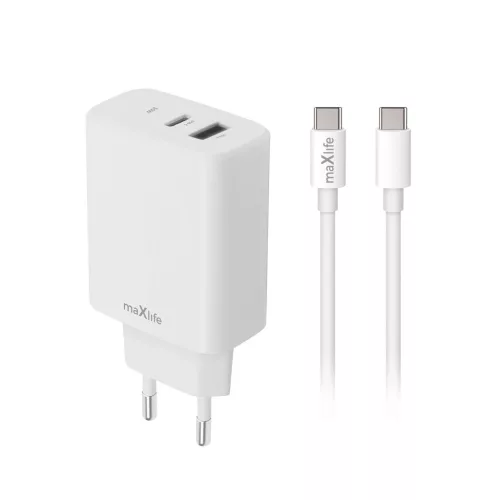 Maxlife MXTC-10-30AC PD QC 30W töltő 1x USB-C, 1x USB + USB-C–USB-C 60W kábel, fehér