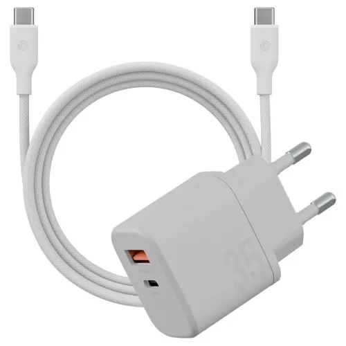 Fali töltő Bazic Goport Velox készlet 1xUSB-C 1xUSB-A GaN 35W kábellel fehér