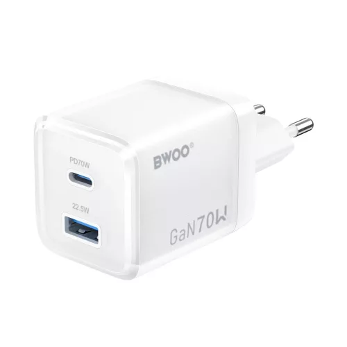 BWOO GaN fali töltő CDA224 QC 70W, 1 x USB, 1 x USB-C, fehér