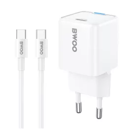  BWOO GaN PD 30W fali töltő 1× USB-C porttal, 60W USB-C 2A kábellel, fehér
