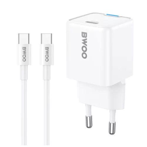 BWOO GaN PD 30W fali töltő 1× USB-C porttal, 60W USB-C 2A kábellel, fehér