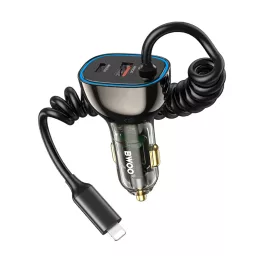   BWOO CC96L 30W PD autós töltő 1x USB-C port, 1x USB port Lightning-kábellel, szürke
