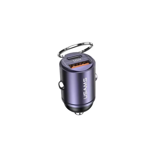 Usams C38 autós töltő USB+Type-C aljzat (30W, PD gyorstöltő, mini) LILA (CC206CC01_P)