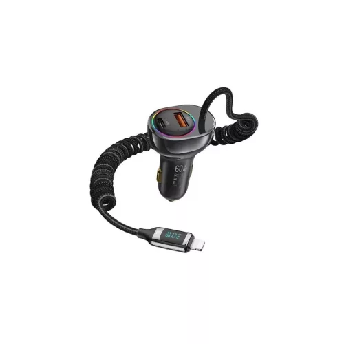 Usams autós töltő USB+Type-C aljzat (30W, PD gyorstöltő, LED kijelző, RGB + fix lightning kábel) FEKETE (US-CC193)