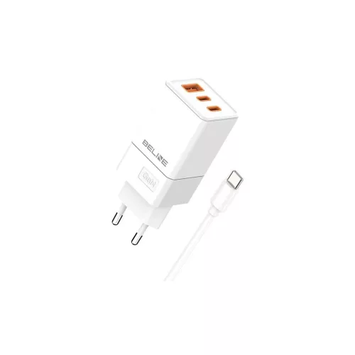 Beline töltő 65W (2x USB-C, 1x USB) + USB-C kábel, PD 3.0 + QC 3.0 BLN3CW65C GaN, fehér