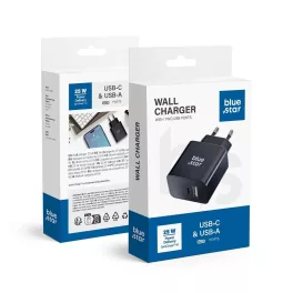   Blue Star hálózati töltő USB C+USB-A PD QC4.0 3A 25W, fekete