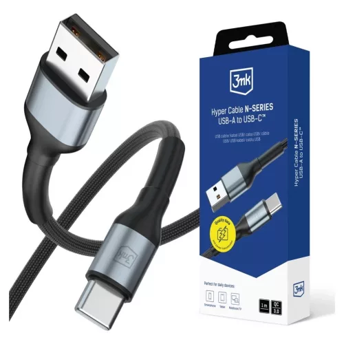 Kábel 3MK Hyper Cable N-SERIES USB-A to USB-C 1m 9V/2A 18W QC 3.0 fekete