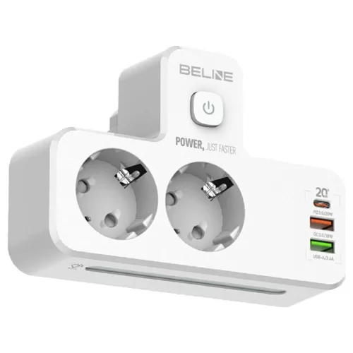 Beline hálózati elosztó LED backlight-del, 2xUSB-A/USB-C/2xAC, fehér