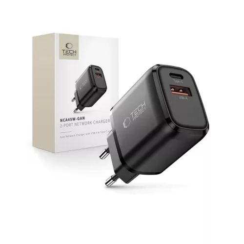 TECH-PROTECT NCA45W-GAN 2-PORT hálózati töltő PD 45W / QC3.0 fekete
